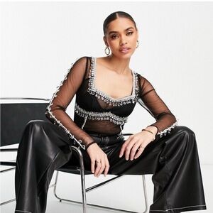 ASOS embellished long sleeve mesh bodysuit - black - rhinestone